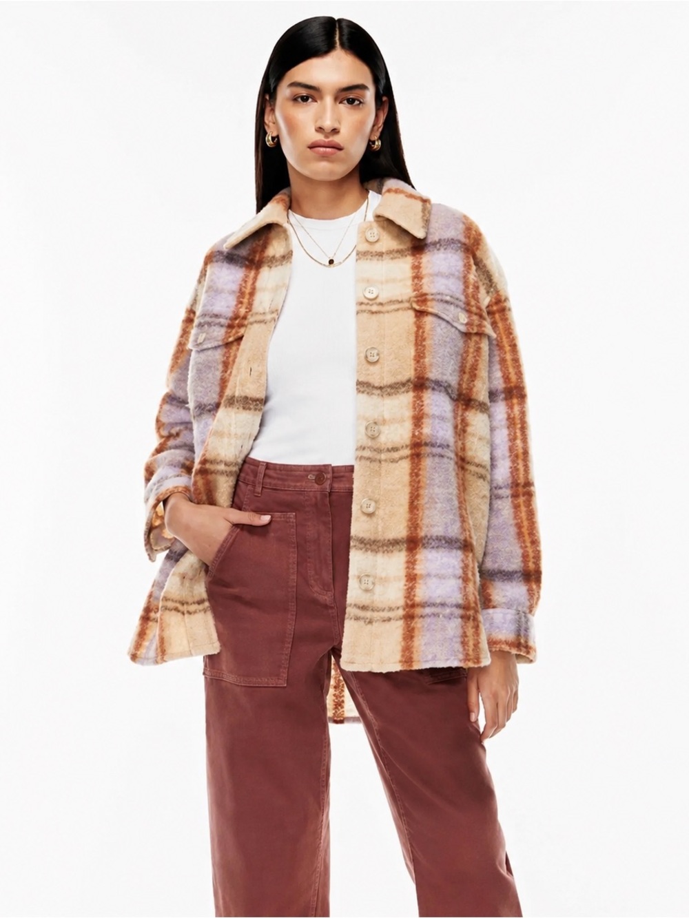 Aritzia Wilfred Free Ganna Shirt Jacket Plaid Wool Blend Beige Lilac Shacket XS